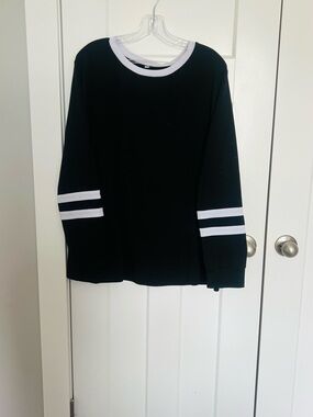 Black Crewneck Pullover with White Striped Sleeves